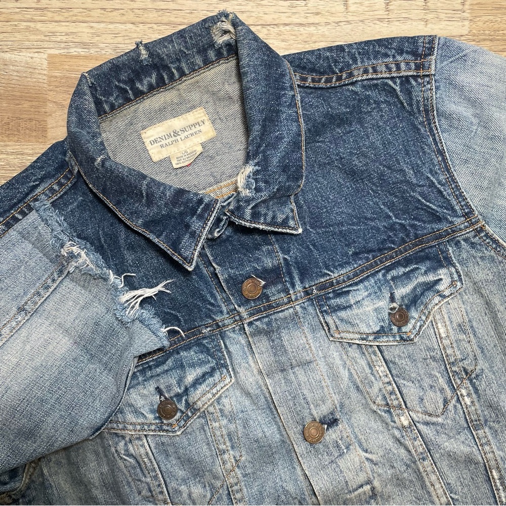 Denim and Supply Ralph Lauren Two Tone Trucker Distressed Jacket Women's‎ L Blue